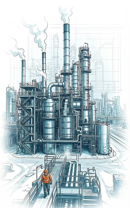 A detailed technical drawing of an aged petrochemical refinery, featuring tall stacks releasing plumes of smoke and many tanks.
