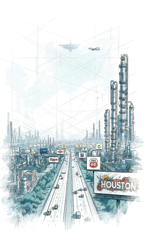 Sketch of Houston highway with oil refineries, corporate logos including Exxon, Shell, and a large 'HOUSTON' billboard.