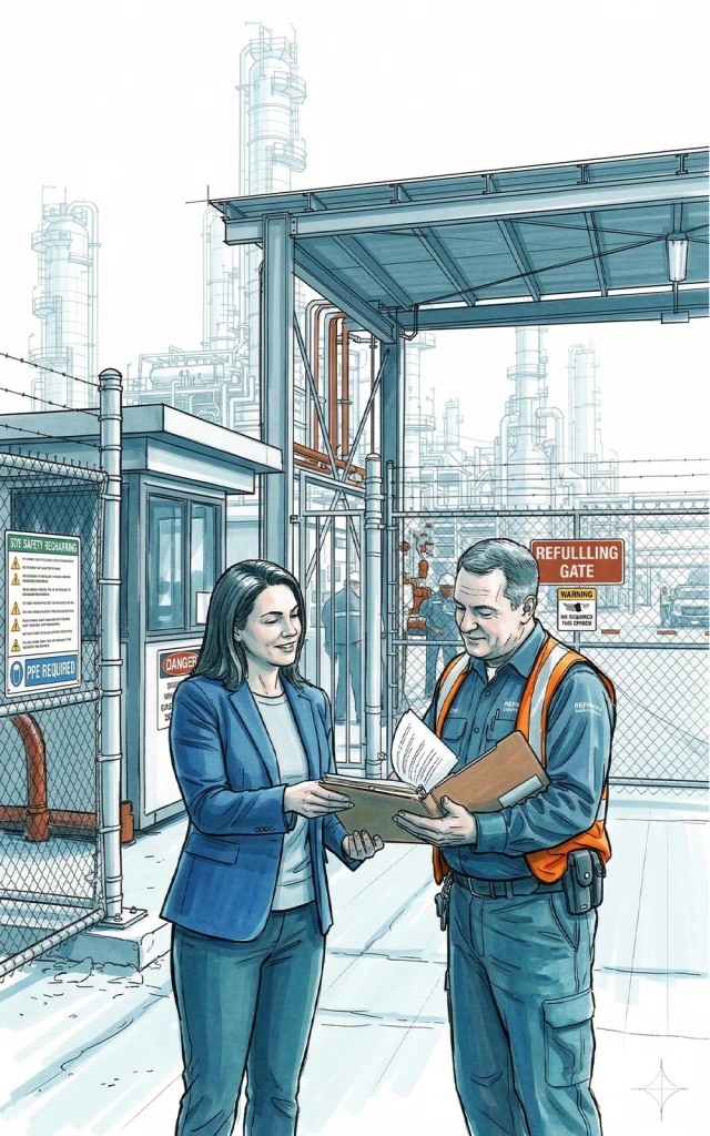 An industrial supervisor and office manager discuss documents and paperwork together inside an oil refinery.