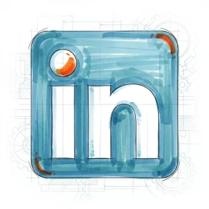 Sketched LinkedIn logo icon on a white background with blueprint gears for Scaleport