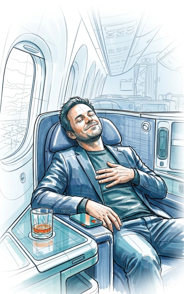 Illustration of a relaxed businessman in a first-class airplane seat, under the ONGOING COMPLIANCE section.