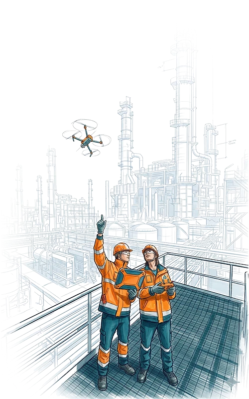Illustration of petrochemical asset owners with hard hats and tablet on an inspection platform, overseeing a drone.