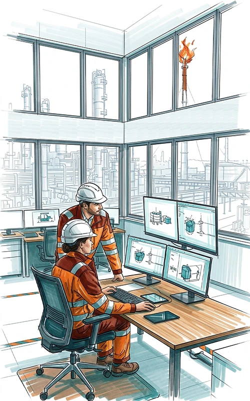 Petrochemical personnel in control room, examining digital asset models with tall plant structure. A large flare is venting.