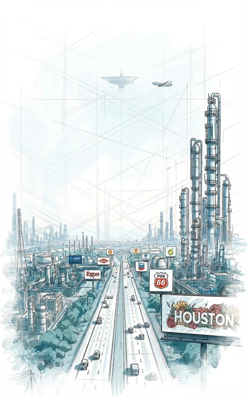 Petrochemical plants lining a highway near Houston, illustrating commercial opportunities.