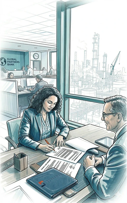 Two business individuals sign a complex document in a modern Petrochemical corporate office environment.
