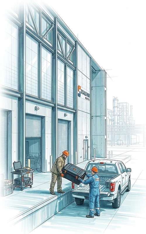 Petrochemical logistics at Scaleport facility including equipment handled by technicians and vehicles.