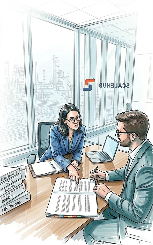 An illustration from Scaleport of two people discussing petrochemical compliance documents with an industrial backdrop.