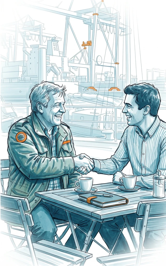 Sketch of two men in petrochemical port shaking hands, discussing global hiring and trade.