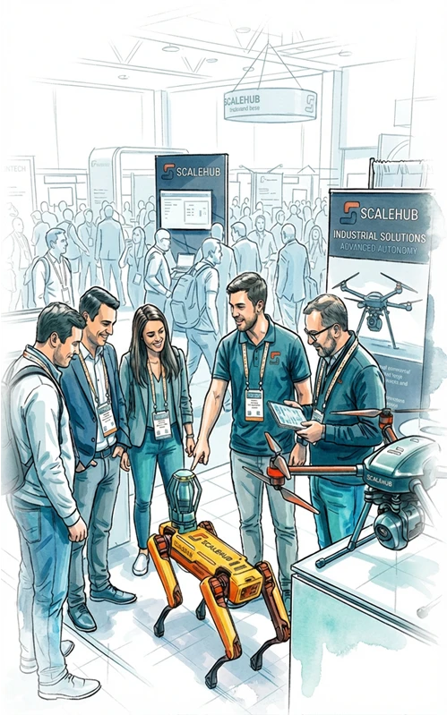 Illustration of three people looking at a small robot on the floor at an event