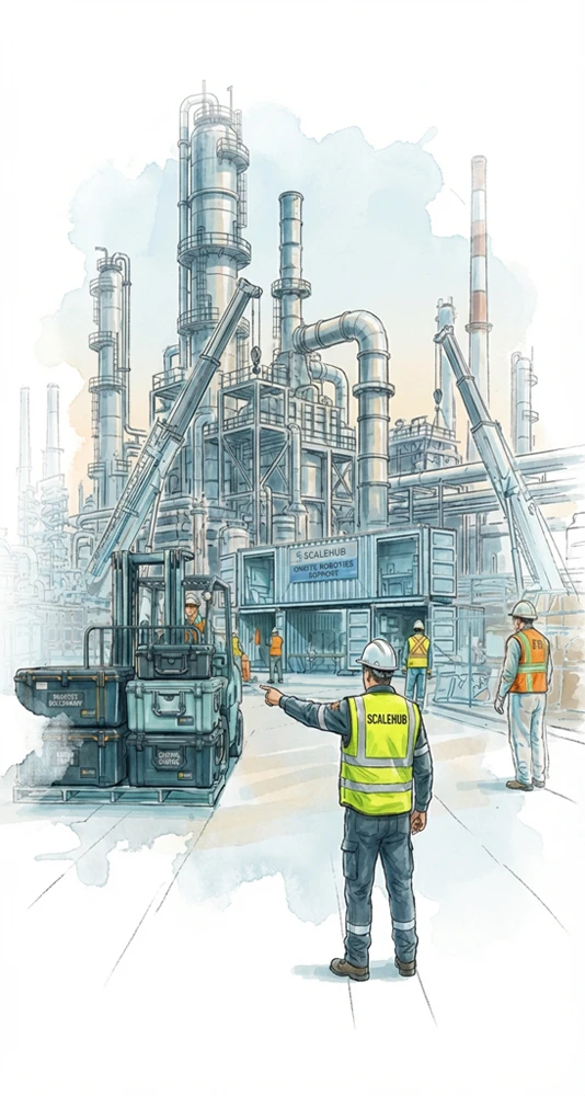 Watercolor illustration of a Scaleport onsite facility with equipment and worker, next to a large refinery.
