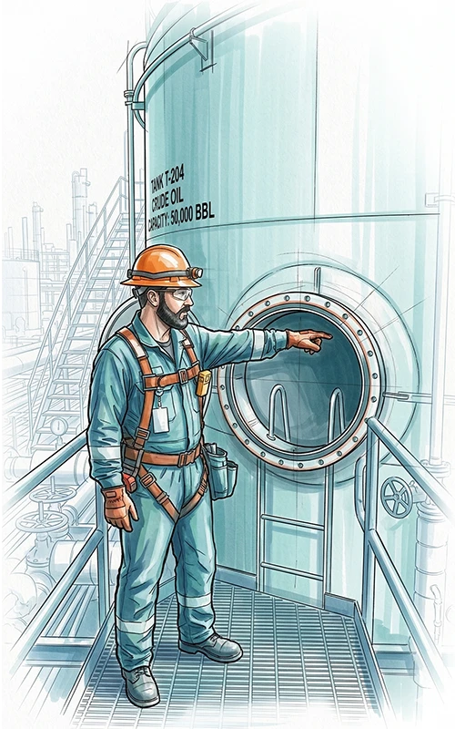 Petrochemical worker illustrating the inspection of a large storage tank manhole.