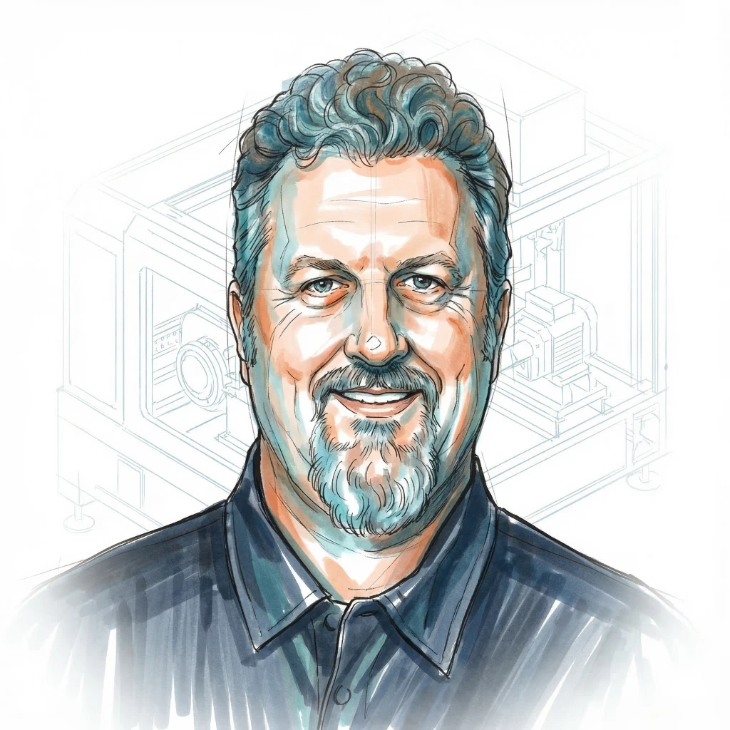 Sketch portrait of Marty Robinson, Scaleport CTO, over a faint technical machine drawing.