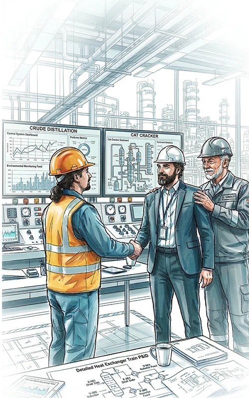 A petrochemical worker and asset manager shaking hands, showcasing curated introductions.