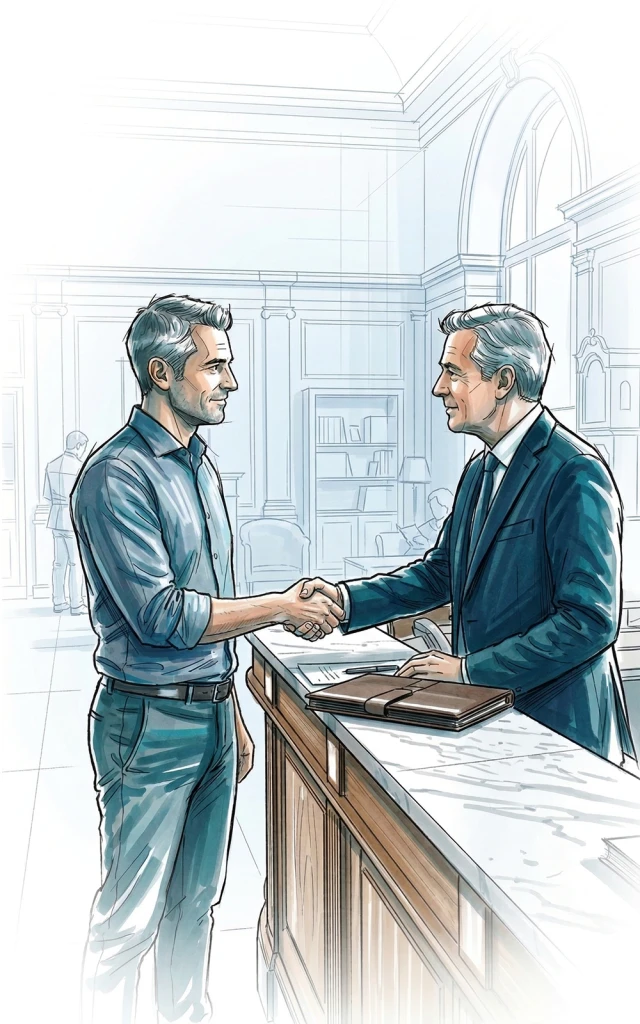 Sketch of two businessmen in gray and blue handshake over contract papers at elegant marble counter