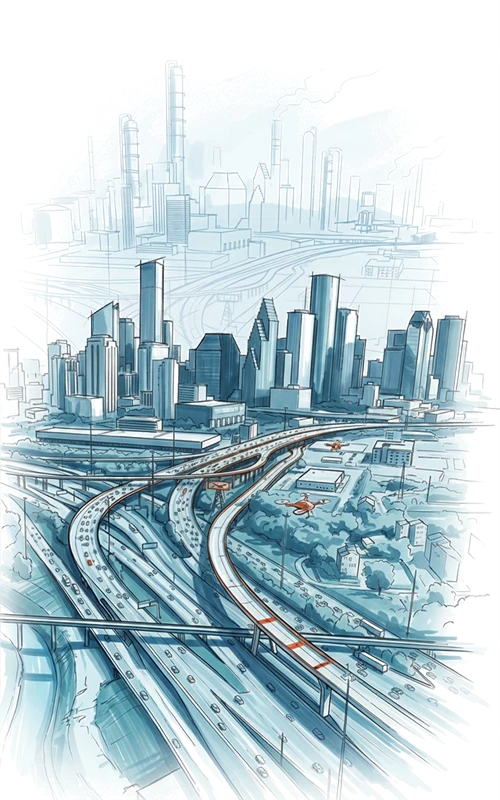 Illustration of the Houston skyline, showing a high-volume highway network and an industrial corridor.