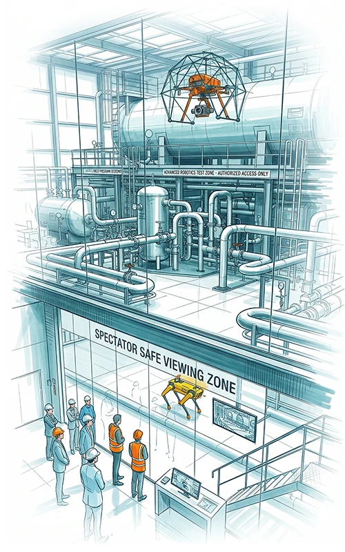 Illustration of drone and quadruped robot testing in a petrochemical tank facility with spectators and safety signs.
