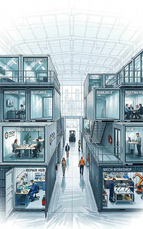 A modern, bustling industrial innovation hub built from stacked shipping containers, showcasing technology development and collaboration.