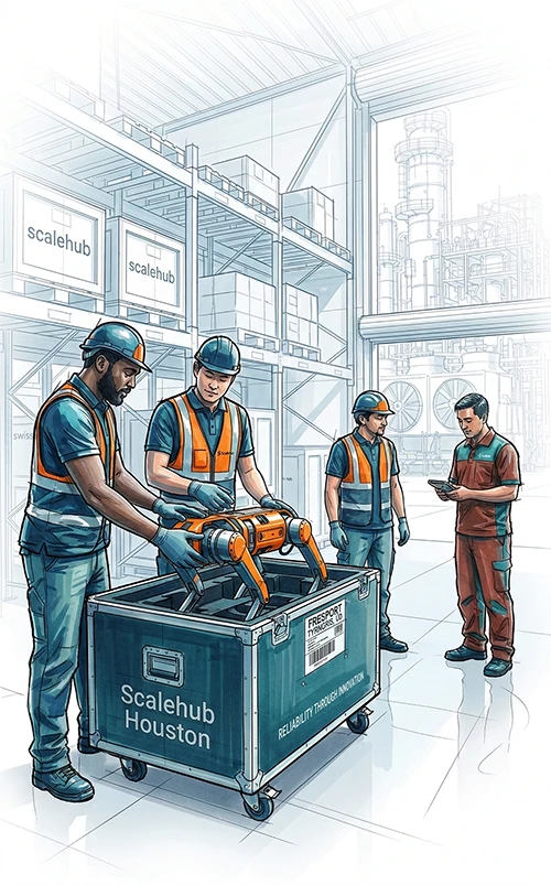 Scaleport technicians secure specialized robotics hardware in a climate-controlled industrial storage facility.