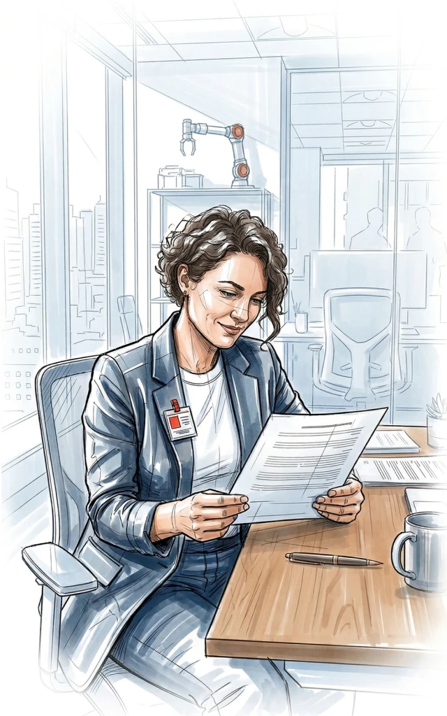 A businesswoman in a suit reads legal entity papers in a modern office with an industrial robot arm visible.