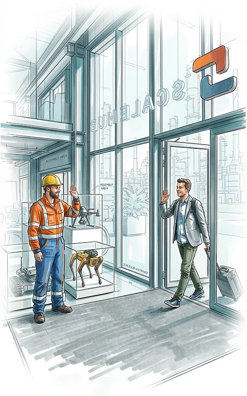 Illustration of an entrepreneur greeting a contractor within Scaleport's petrochemical innovation hub.