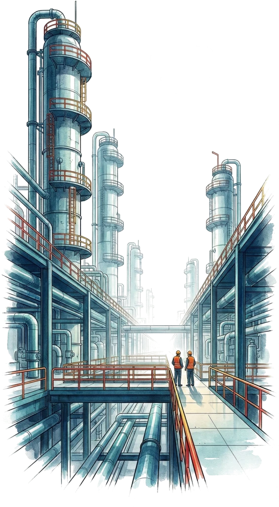 Watercolor illustration of Scaleport workers examining complex petrochemical equipment tall distillation columns.