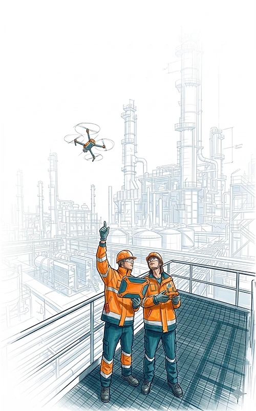 Two petrochemical technicians operate a drone over a refinery facility.