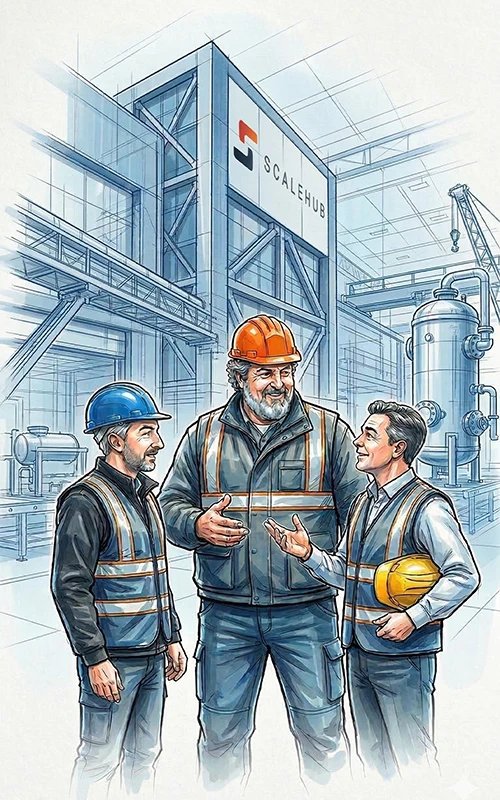 Three Scaleport founders in safety gear discuss a project outside a Petrochemical industrial facility.