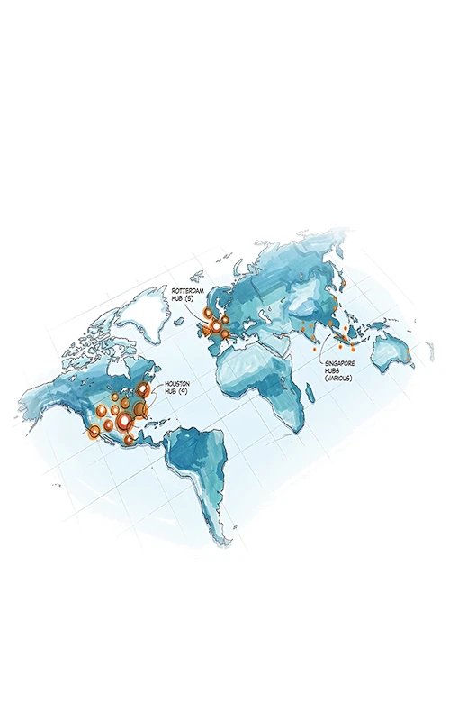 A stylized world map in blue and orange, highlighting Scaleport petrochemical hubs in Houston, Rotterdam, and Singapore.