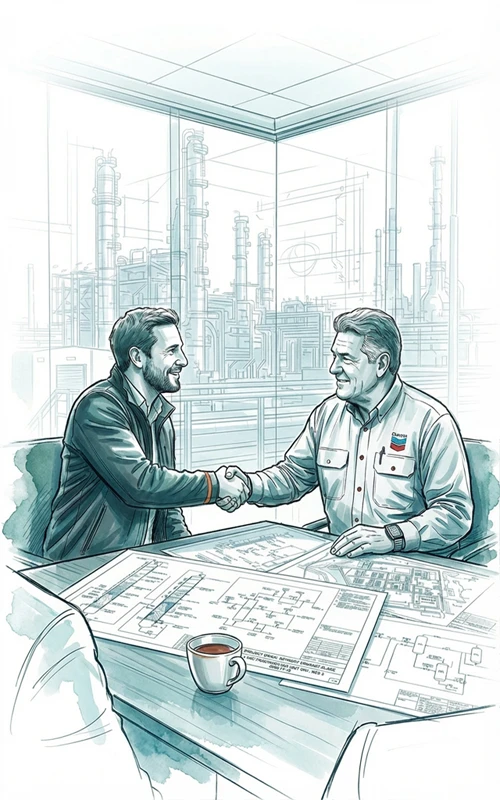 A petrochemical operator and a Scaleport member shake hands over engineering plans.