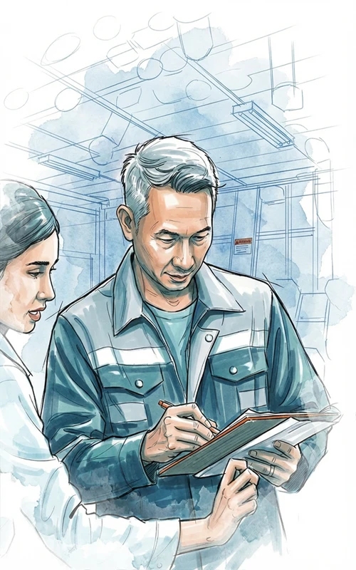 Illustration of two Scaleport engineers, a man with grey hair writing, a woman in lab coat. Set in a lab sketch.