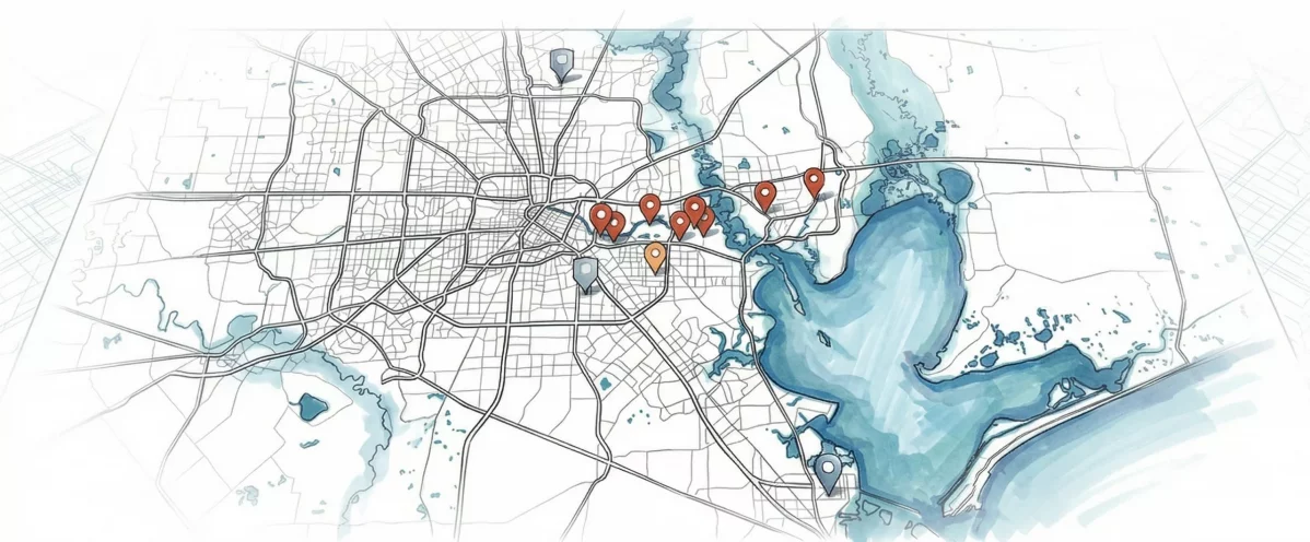Scaleport hand-drawn map of regional petrochemical facilities and terminals in Houston, TX