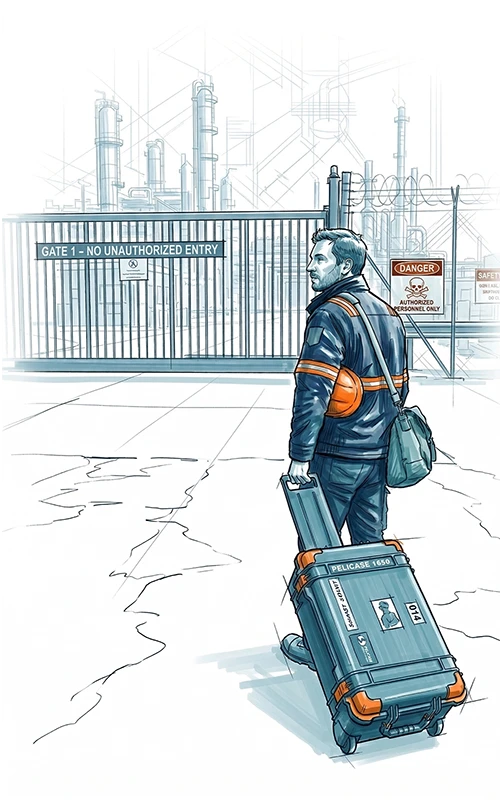 Illustration of a robotics entrepreneur with pelicase at gate into petrochemical facility