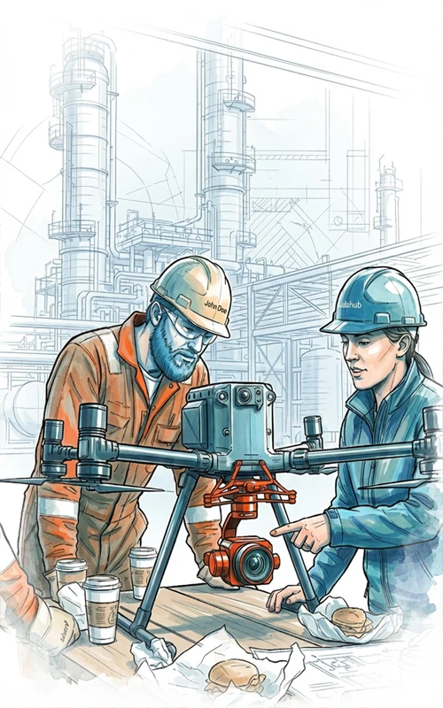 Two industrial technicians examine a large inspecting drone in a petrochemical facility.