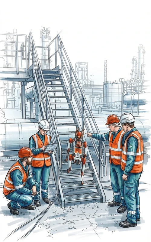 A sketch shows engineers monitoring a quadruped robot at a Scaleport petrochemical hub.